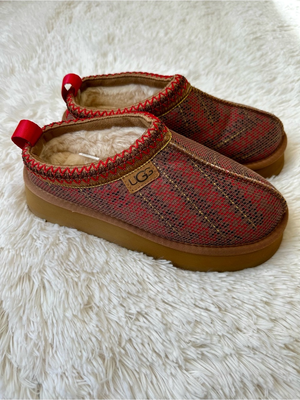 UGG Tazz Maxi Tasman Chestnut Mesh Plaid Platform Slippers US 8 EU 39 Rare - Picture 7 of 10